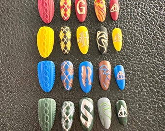 HP Hand Painted Nail Set | Wizard Nails | Lion Badger Eagle Snake Nails | Magic Nails | House Nails | Reusable Nails | Nail Tips