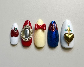 Snow White Hand Painted Nail Set | Princess Nails | Bow Nails | Magic Mirror Nails | Apple Nails | Press Ons | Glue On Nails | Nail Tips