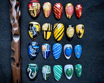 HP Hand Painted Nail Set | Wizard Nails | Lion Badger Eagle Snake Nails | Magic Nails | House Nails | Reusable Nails | Nail Tips