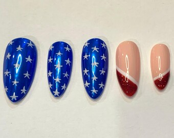 Conjunto de unhas para 4 de julho | Dia da Independência | Vermelho, branco e azul | Unhas reutilizáveis | Unhas de pressão | Unhas coladas | Unhas postiças | Conjunto de unhas
