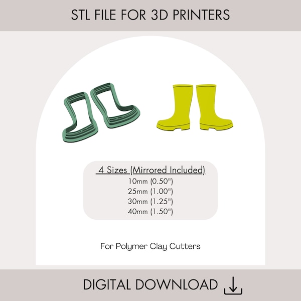 Cute Rainboots Polymer Clay Cutter | Digital STL File | 4 Sizes (Mirror Included) | Digital Download | Earring STL File | Spring Day Fun