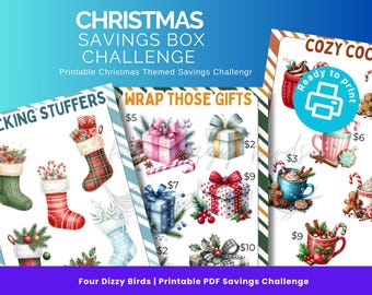 May include: Printable Christmas-themed savings challenge featuring illustrations of Christmas stockings, wrapped gifts, and cozy cocoa. The design includes text such as "Christmas Savings Box Challenge" and "Ready to print."