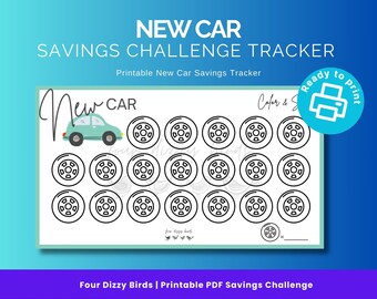 May include: Printable new car savings challenge tracker with a light blue car illustration and 20 circles to color in as you save for your new car. The text "New Car" is at the top of the page and "Color & Save" is at the top right corner.