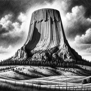 May include: A black and white pencil drawing of a large rock formation, known as Devils Tower, rising from a grassy plain. The sky is cloudy and the sun is shining.