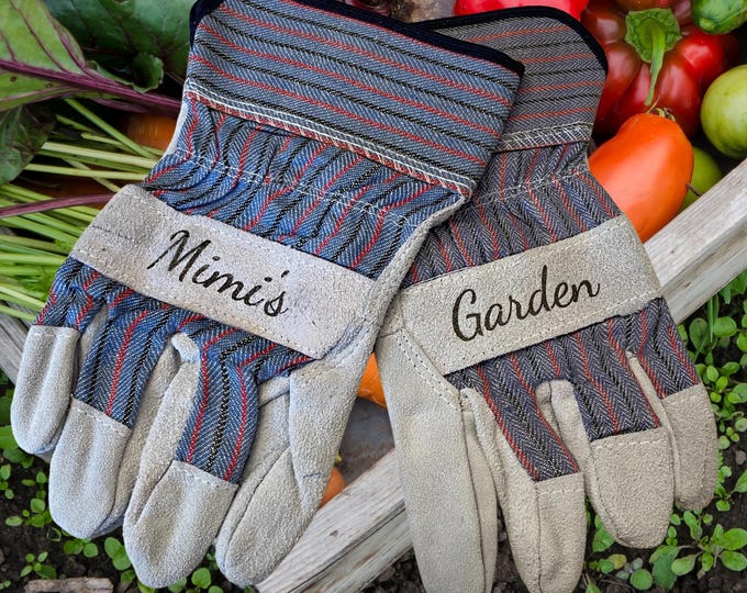 Featured listing image: Custom Leather and Canvas Garden Gloves: Personalized Engraved Gift