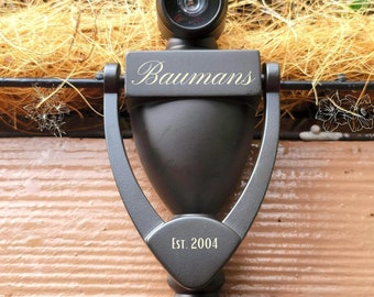 Personalized Small Bronze Door Knocker with Peephole: Laser Engraved Name & Date
