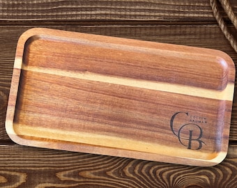 Monogrammed Acacia Wood Valet Tray: Personalized Nightstand Organizer
