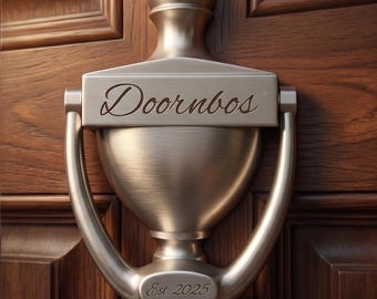 Peut inclure: Un heurtoir de porte en métal brossé fixé sur une porte en bois brun foncé. Le heurtoir présente une plaque centrale gravée du nom Doornbos et une section inférieure gravée du texte Est. 2025. Le design inclut un fleuron vertical au sommet.