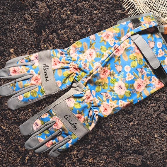 Personalized Floral Long Gardening Gloves: Touchscreen, Thorn-Resistant, Custom Engraved