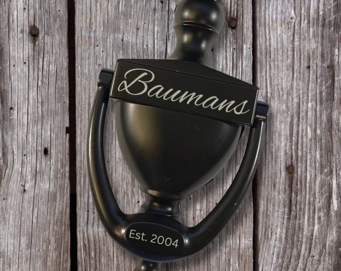 Featured listing image: Personalized Front Door Knocker: Engraved Name with Est. Date on Arm for home, Airbnb, VRBO or house warming gift, Doorknocker 6.5 inches
