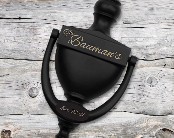 Featured listing image: Personalized Front Door Knocker: Engraved Name with Est. Date, No Drilling just two screws, house warming gift, Doorknocker 6.3 inches