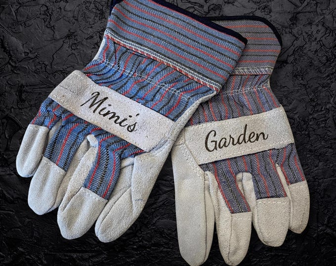Featured listing image: Custom Leather and Canvas Garden Gloves: Personalized Engraved Gift
