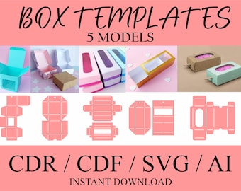 May include: Five different box templates for crafting projects. The templates are shown in pink and are labelled "CDR/CDF/SVG/AI" and "Instant Download".
