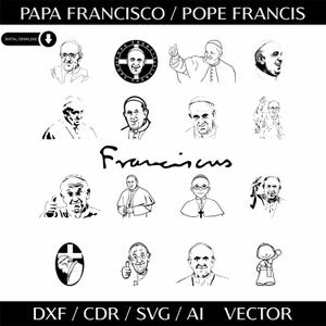 Puede incluir: Una colección de ilustraciones vectoriales en blanco y negro del Papa Francisco. Las ilustraciones incluyen diferentes poses del Papa, incluyendo una vista de perfil, una vista de frente y una vista del Papa con la mano levantada en señal de bendición. Las ilustraciones también incluyen un logotipo con las palabras "Papa Francisco" y una cruz.