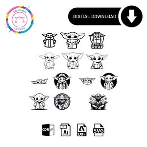 Puede incluir: Una descarga digital de 12 ilustraciones vectoriales en blanco y negro de Baby Yoda, también conocido como Grogu, de la serie Star Wars. Las ilustraciones incluyen diferentes poses y expresiones del personaje. Los formatos de archivo incluidos son CDR, AI, DXF y SVG.