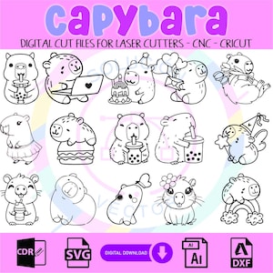 Puede incluir: Un conjunto de 12 archivos de corte digital con lindas ilustraciones de capibaras en varias poses. Las ilustraciones incluyen un capibara con un gorro de fiesta, un capibara sosteniendo un té de boba y un capibara con una corona de flores. Los archivos están disponibles en formatos CDR, SVG, AI y DXF.