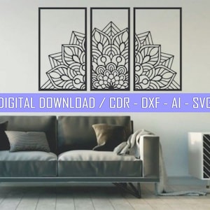 Puede incluir: Tres paneles de decoración de pared negros con intrincados diseños de mandalas. Cada panel presenta un patrón de mandala en semicírculo con elementos florales y geométricos detallados. Los paneles están dispuestos uno al lado del otro, creando un diseño cohesivo y visualmente atractivo.