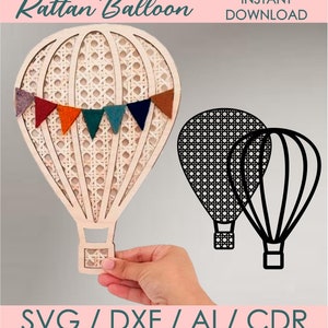 Puede incluir: Un globo aerostático de madera con un patrón de ratán y una pancarta de banderines coloridos. El globo está siendo sostenido por una mano. La imagen también incluye un contorno en blanco y negro del globo.