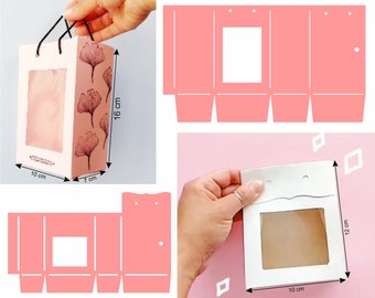 May include: Two printable templates for a bag box with a window. The first template is pink with a floral pattern and measures 16 cm tall, 10 cm wide, and 7 cm deep. The second template is white and measures 12 cm tall, 10 cm wide, and 7 cm deep. Both templates include instructions for assembly.