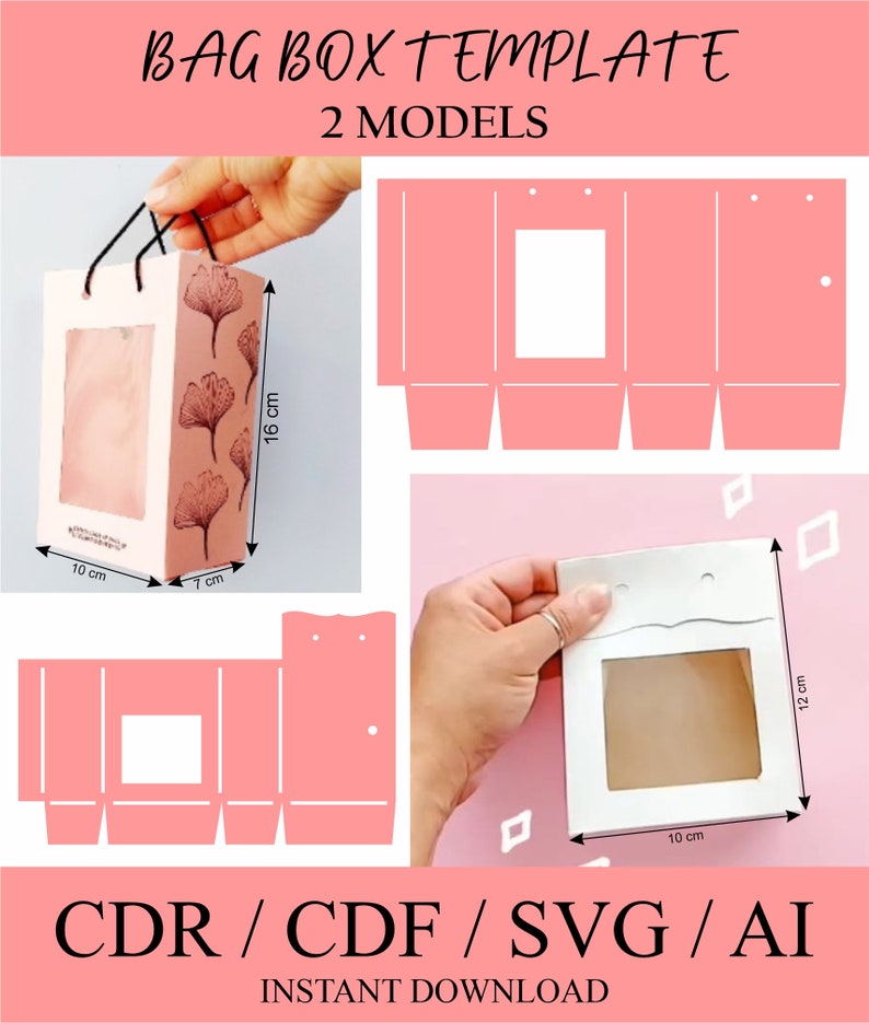 May include: Two printable templates for a bag box with a window. The first template is pink with a floral pattern and measures 16 cm tall, 10 cm wide, and 7 cm deep. The second template is white and measures 12 cm tall, 10 cm wide, and 7 cm deep. Both templates include instructions for assembly.