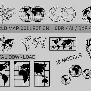 May include: A collection of 10 world map designs in black and white. The designs include a compass, a globe, a stylized world map, and a world map with grid lines. The text "WORLD MAP COLLECTION - CDR / AI / DXF / SVG" and "DIGITAL DOWNLOAD" is included in the image. The text "10 MODELS" is also included in the image.