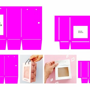 May include: A printable template for a pink gift bag with a window. The template includes instructions for folding and assembling the bag. The bag is labeled "BOLSA 10X15X24" and "BOLSA 7X10X16".