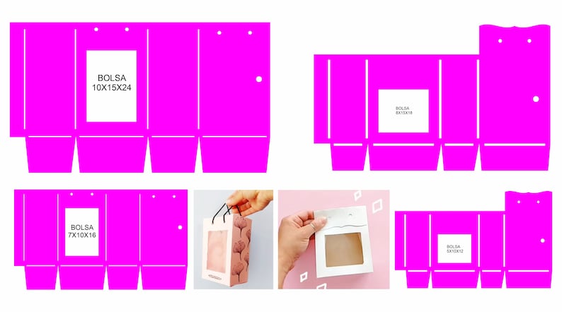 May include: A printable template for a pink gift bag with a window. The template includes instructions for folding and assembling the bag. The bag is labeled "BOLSA 10X15X24" and "BOLSA 7X10X16".