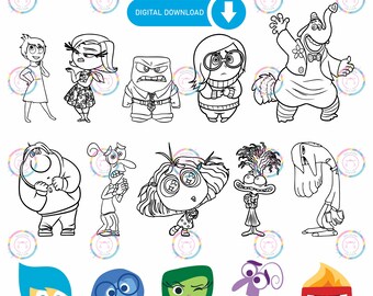 Può includere: Illustrazioni in bianco e nero di personaggi del film Inside Out 2. I personaggi includono Gioia, Tristezza, Rabbia, Paura, Disgusto, Bing Bong e i nuovi personaggi del sequel. I personaggi sono in varie pose ed espressioni.