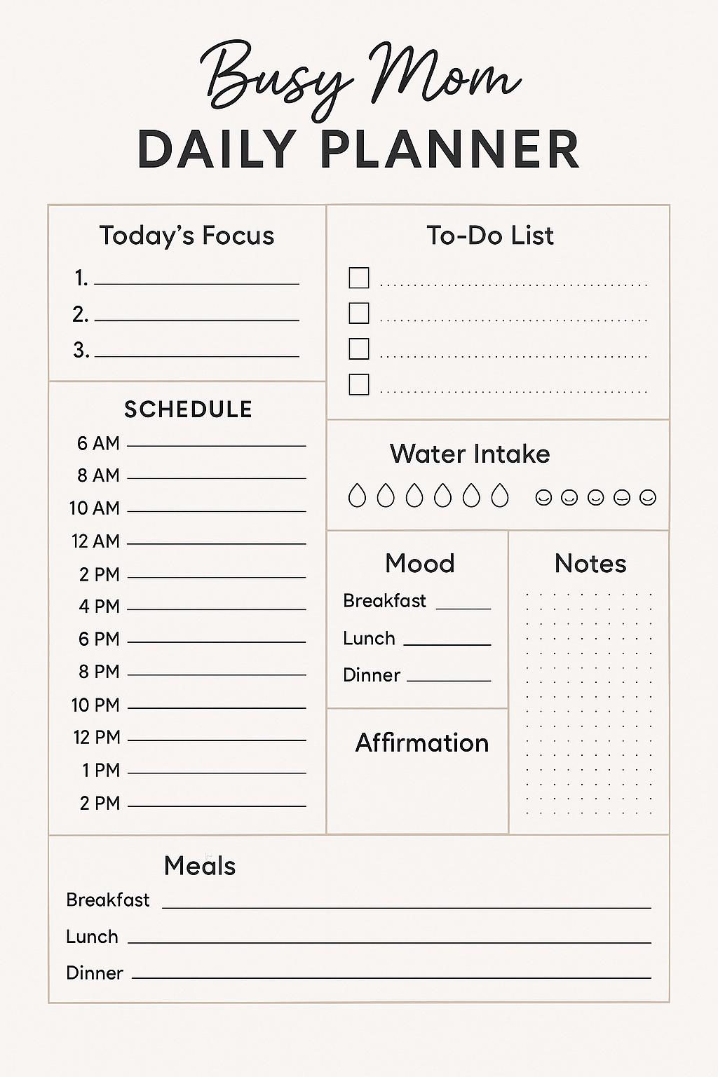 Busy Mom Daily Planner Template – Printable Undated PDF With Time ...