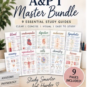 Puede incluir: Un paquete de estudio titulado A&P 1 Master Bundle que incluye 9 guías de estudio esenciales para anatomía y fisiología. Las guías cubren sangre, cardiovascular, digestivo, endocrino, linfático, urinario, reproductivo, células, química y tejidos.