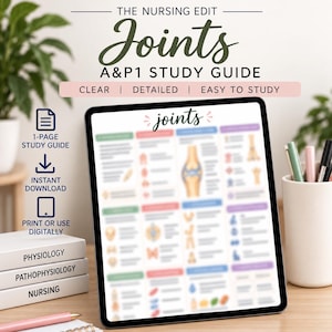 May include: A digital tablet displays a study guide titled Joints A&P1 Study Guide, featuring anatomical diagrams and text. The screen shows the text The Nursing Edit, Joints, A&P1 Study Guide, Clear, Detailed, Easy to Study, 1-Page Study Guide, Instant Download, Print or Use Digitally.
