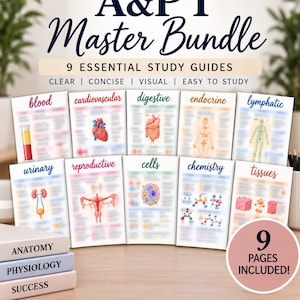 May include: A&P 1 Master Bundle featuring 9 essential study guides with anatomical illustrations for blood, cardiovascular, digestive, endocrine, lymphatic, urinary, reproductive, cells, chemistry, and tissues. Includes 9 pages total.