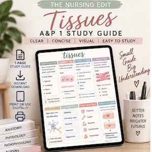 May include: A digital tablet displays a Tissues A&P 1 Study Guide with charts on epithelial, connective, muscle, and nervous tissues. Beside it are stacked books labeled Anatomy, Physiology, Pathophysiology, Nursing and a pen holder with text.