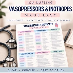 Peut inclure: Un guide d'étude imprimé intitulé ICU Nursing Vasopressors & Inotropes Made Easy, présentant des sections sur les vasopresseurs, inotropes, dosages, mécanismes d'action, effets secondaires et conseils cliniques, avec un stéthoscope à proximité.