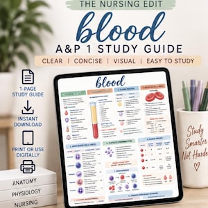 Peut inclure: Une tablette numérique affiche un guide d'étude sur l'anatomie et la physiologie du sang avec des graphiques, des diagrammes et du texte. L'écran présente des sections sur les composants sanguins, les globules blancs et les groupes sanguins.