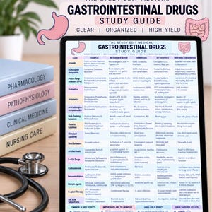 May include: A digital tablet displaying a medical study guide titled Gastrointestinal Drugs, featuring a detailed table with columns for drug classes, mechanisms, uses, side effects, and monitoring, alongside a stack of textbooks and a stethoscope.