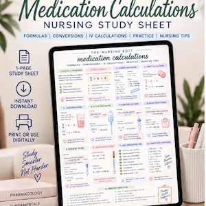 May include: A digital tablet displays a nursing study sheet titled Medication Calculations, featuring sections on formulas, conversions, IV rates, and practice questions. The layout includes icons, text, and medical diagrams in a clean, organized format.