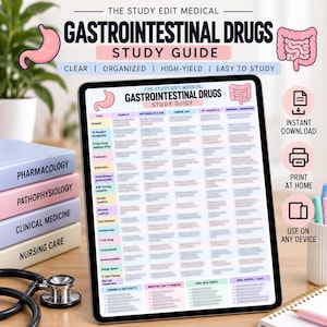 May include: A digital tablet displays a Gastrointestinal Drugs study guide with a table of drug classes, mechanisms, and side effects. The screen features pink stomach and intestine icons. Beside the tablet are four stacked books labeled Pharmacology, Pathophysiology, Clinical Medicine, and Nursing Care, plus a black stethoscope.