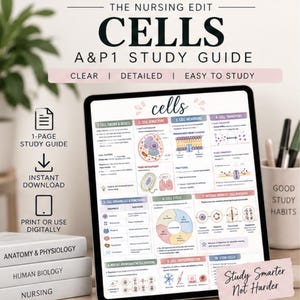 May include: A digital tablet displaying a Cells A&P1 study guide with sections on cell theory, structure, membranes, transport, organelles, cycles, and stem cells. The screen features colourful diagrams, charts, and text, presented as a one-page resource.