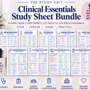 May include: A bundle of 9 clinical study sheets titled The Study Edit, featuring topics like ABG Interpretation, Lab Values, and Pharmacology Basics. A white pen holder with the text Clinical Knowledge Everyday Practice sits beside the sheets.