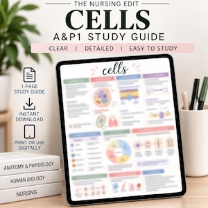 Può includere: Un tablet digitale mostra una guida allo studio intitolata Cells A&P1 Study Guide, con diagrammi colorati e testo. Accanto ci sono libri impilati intitolati Anatomy & Physiology, Human Biology e Nursing, oltre a un portapenne con penne.