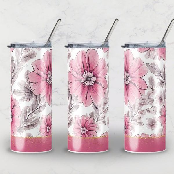 Pattern de fleurs rose avec paillettes or • Design pour gobelet par sublimation