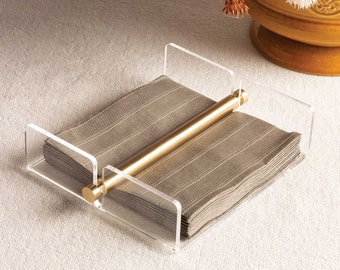 Stylish Gold Brass Napkin Holder with Methacrylate Accent - Functional Home Decor Piece