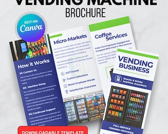 Może przedstawiać: Broszura zatytułowana "VENDING MACHINE BROCHURE" z tekstem "EDIT ON Canva". Broszura zawiera informacje o mikrorynkach, usługach kawowych i działalności vendingowej. Broszura zawiera również tekst "Snacks & Drinks Anytime, Anywhere".