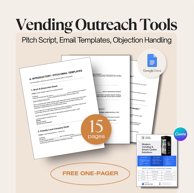K&ouml;nnte beinhalten: Werbebild f&uuml;r Vending-Outreach-Tools. Das Bild zeigt Dokumente mit E-Mail-Vorlagen und Pitch-Skripten. Der Text enth&auml;lt "Vending Outreach Tools", "Pitch Script, Email Templates, Objection Handling" und "15 Seiten". Ein "Google Docs"-Symbol und ein "Canva"-Logo sind ebenfalls sichtbar.