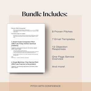 K&ouml;nnte beinhalten: Beige Grafik mit dem Text &bdquo;Bundle Includes:&ldquo; und einer Liste von Elementen. Die Liste enth&auml;lt &bdquo;8 Proven Pitches&ldquo;, &bdquo;7 Email Templates&ldquo;, &bdquo;12 Objection Responses&ldquo; und &bdquo;One-Page Service Overview&ldquo;. Links befindet sich ein Dokument mit Text.