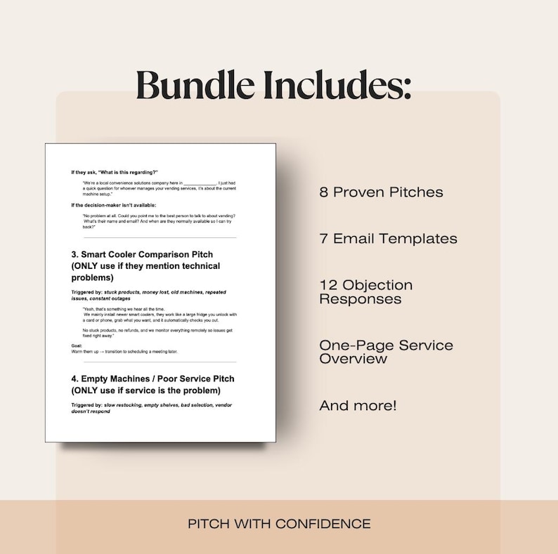 K&ouml;nnte beinhalten: Beige Grafik mit dem Text &bdquo;Bundle Includes:&ldquo; und einer Liste von Elementen. Die Liste enth&auml;lt &bdquo;8 Proven Pitches&ldquo;, &bdquo;7 Email Templates&ldquo;, &bdquo;12 Objection Responses&ldquo; und &bdquo;One-Page Service Overview&ldquo;. Links befindet sich ein Dokument mit Text.