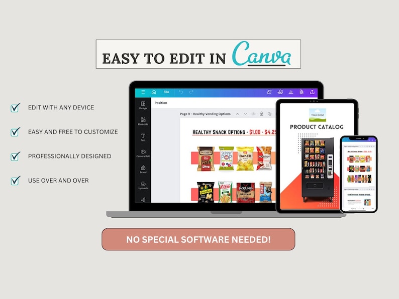 Describes ease of editing on the Canva platform.  Can be edited on any device.  Free to customize and can be used over and over.