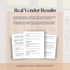 K&ouml;nnte beinhalten: Werbegrafik mit dem Text "Real Vendor Results". Enth&auml;lt Text &uuml;ber Outreach-Tools f&uuml;r Automatenunternehmen. Mehrere Papierbl&auml;tter mit Text sind sichtbar, zusammen mit dem Satz "Created by a real vending company."