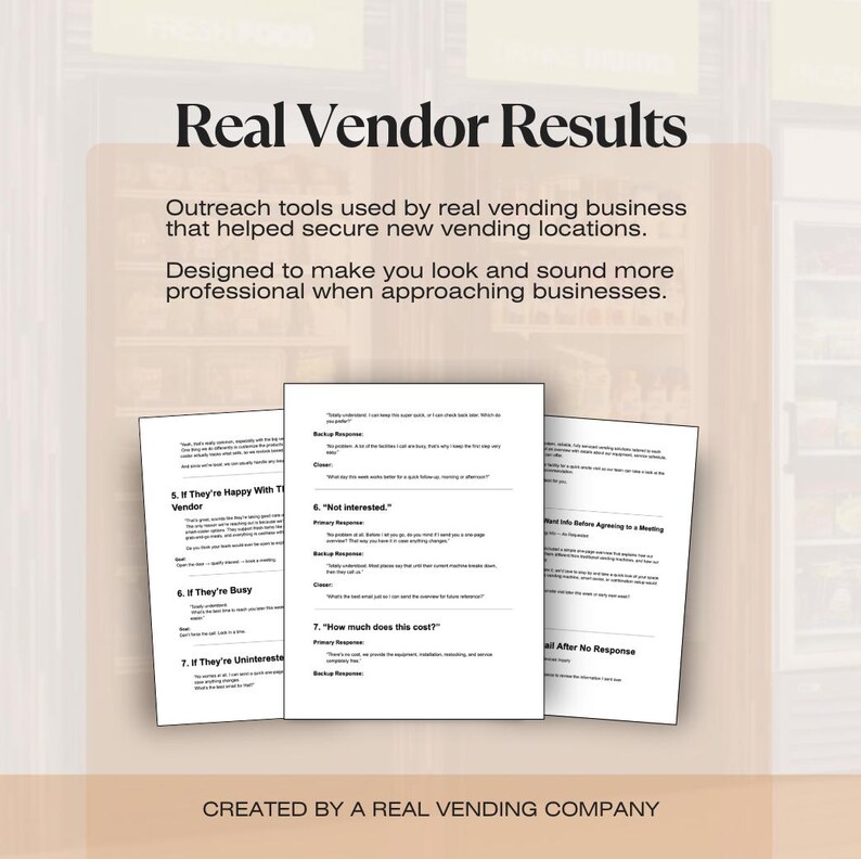 K&ouml;nnte beinhalten: Werbegrafik mit dem Text "Real Vendor Results". Enth&auml;lt Text &uuml;ber Outreach-Tools f&uuml;r Automatenunternehmen. Mehrere Papierbl&auml;tter mit Text sind sichtbar, zusammen mit dem Satz "Created by a real vending company."